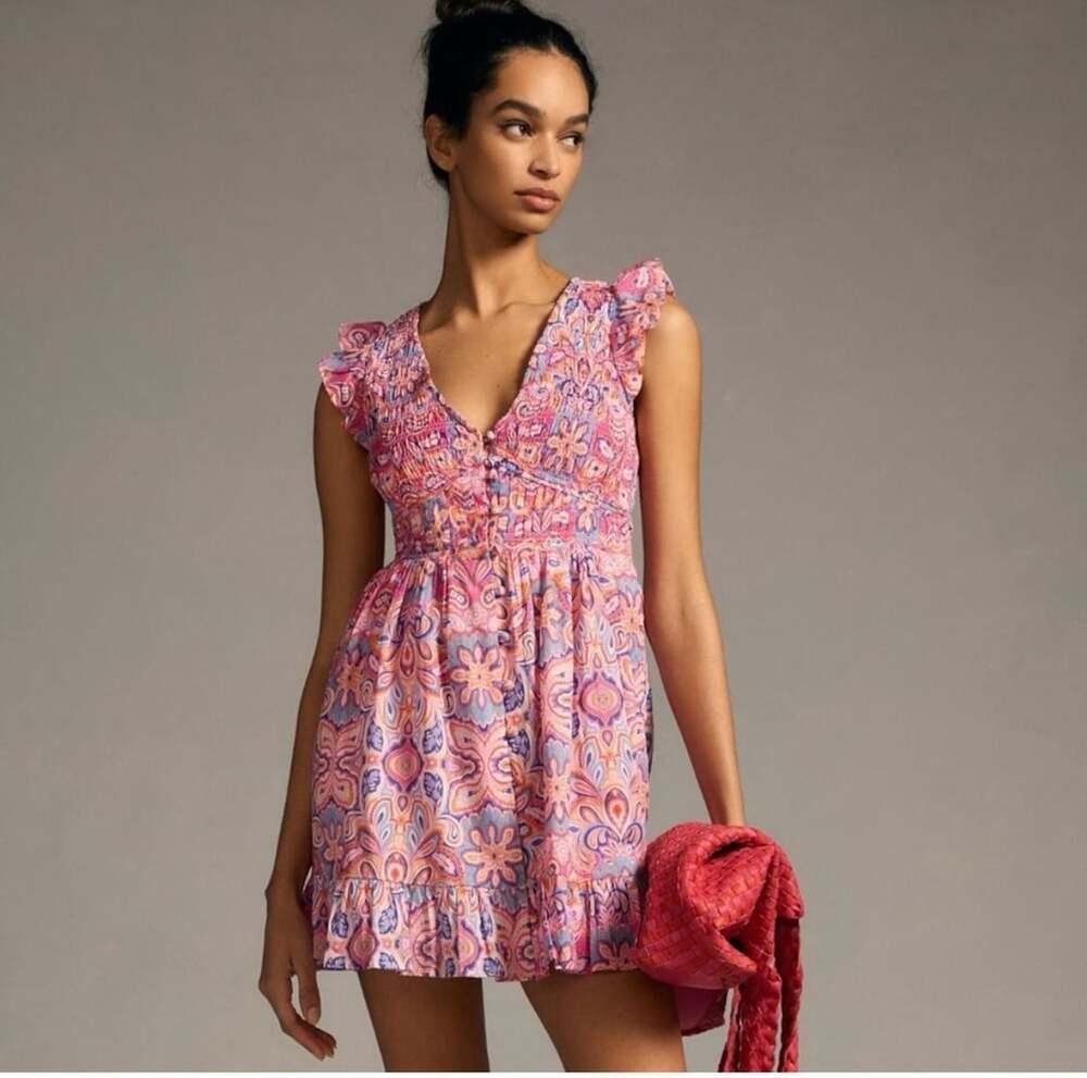 By Anthropologie The Peregrine Mini Dress Size L Pink Blue Paisley